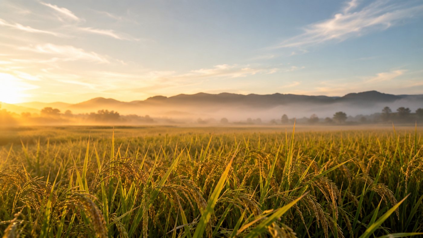 处暑时节的稻田:稻穗开始转黄,晨雾贴着田面,远处是丘陵轮廓(配图由 AI 生成)