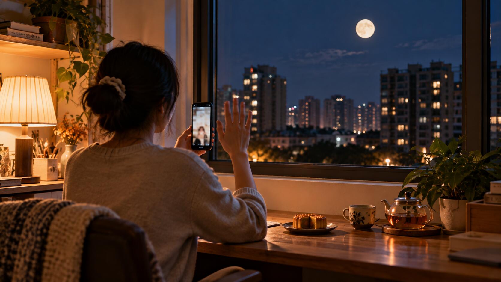 中秋夜在窗边与远方家人视频通话的生活场景