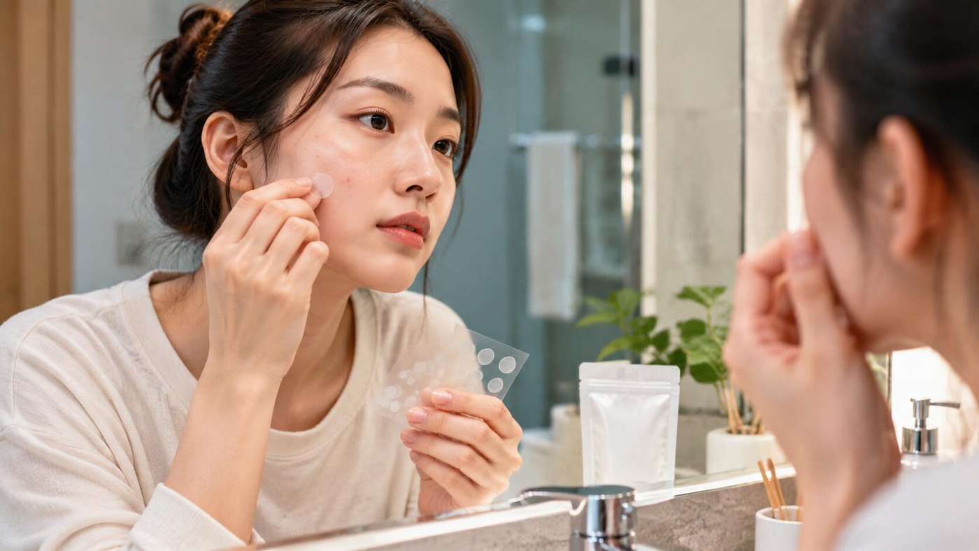 年轻人按说明使用透明痘痘贴
