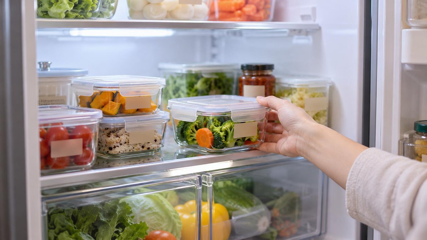 整齐存放的密封食品容器与开封日期记录