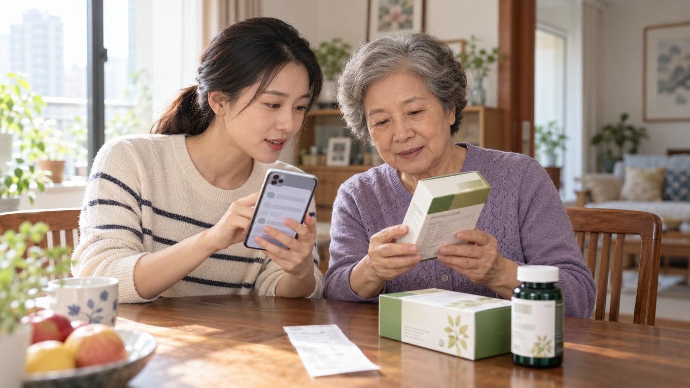 家人与老年人一起核对保健食品包装和手机查询信息