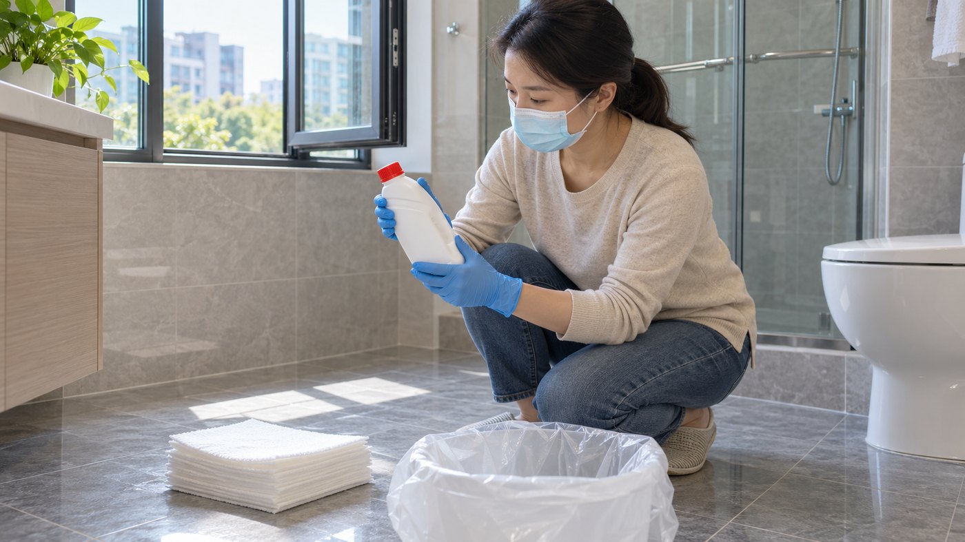 家庭清理呕吐物前佩戴口罩手套并准备消毒用品