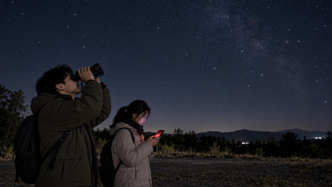 观测者在安全开阔地点使用双筒望远镜寻找昴星团